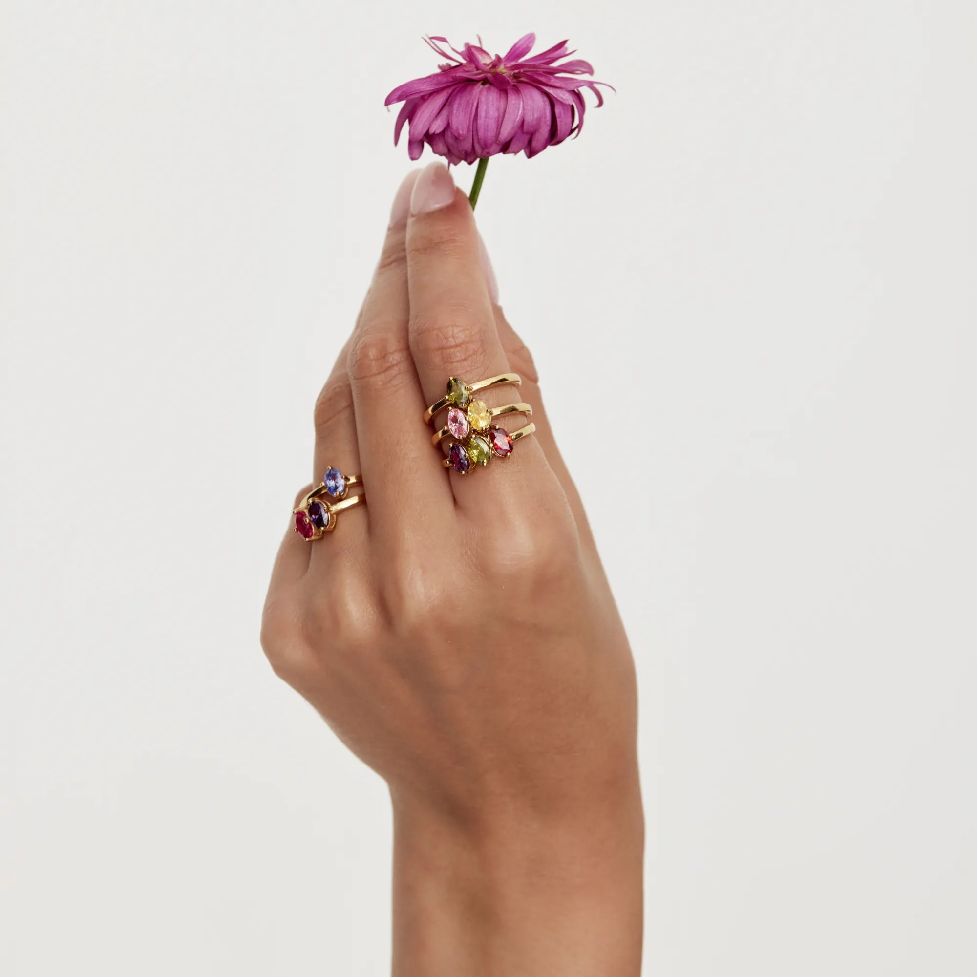 Gold family birthstone ring stacked — Olivia Jewelry