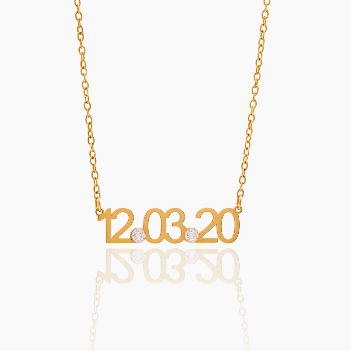 Custom Date Necklace in gold, date numerals with two small stones