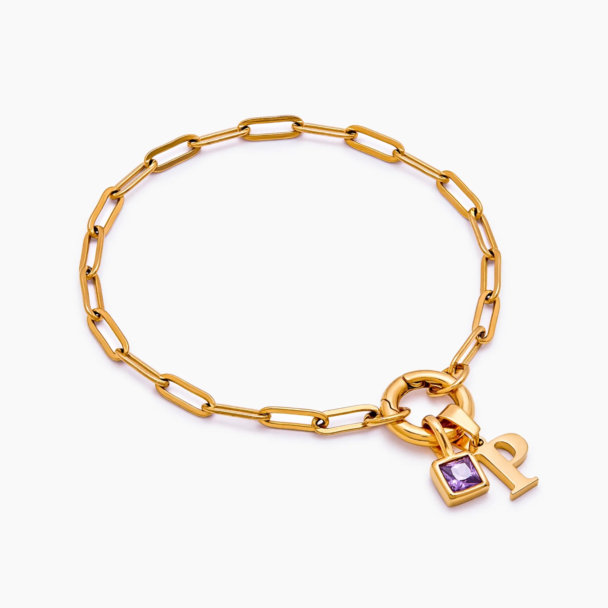 Paperclip Initial Birthstone Bracelet