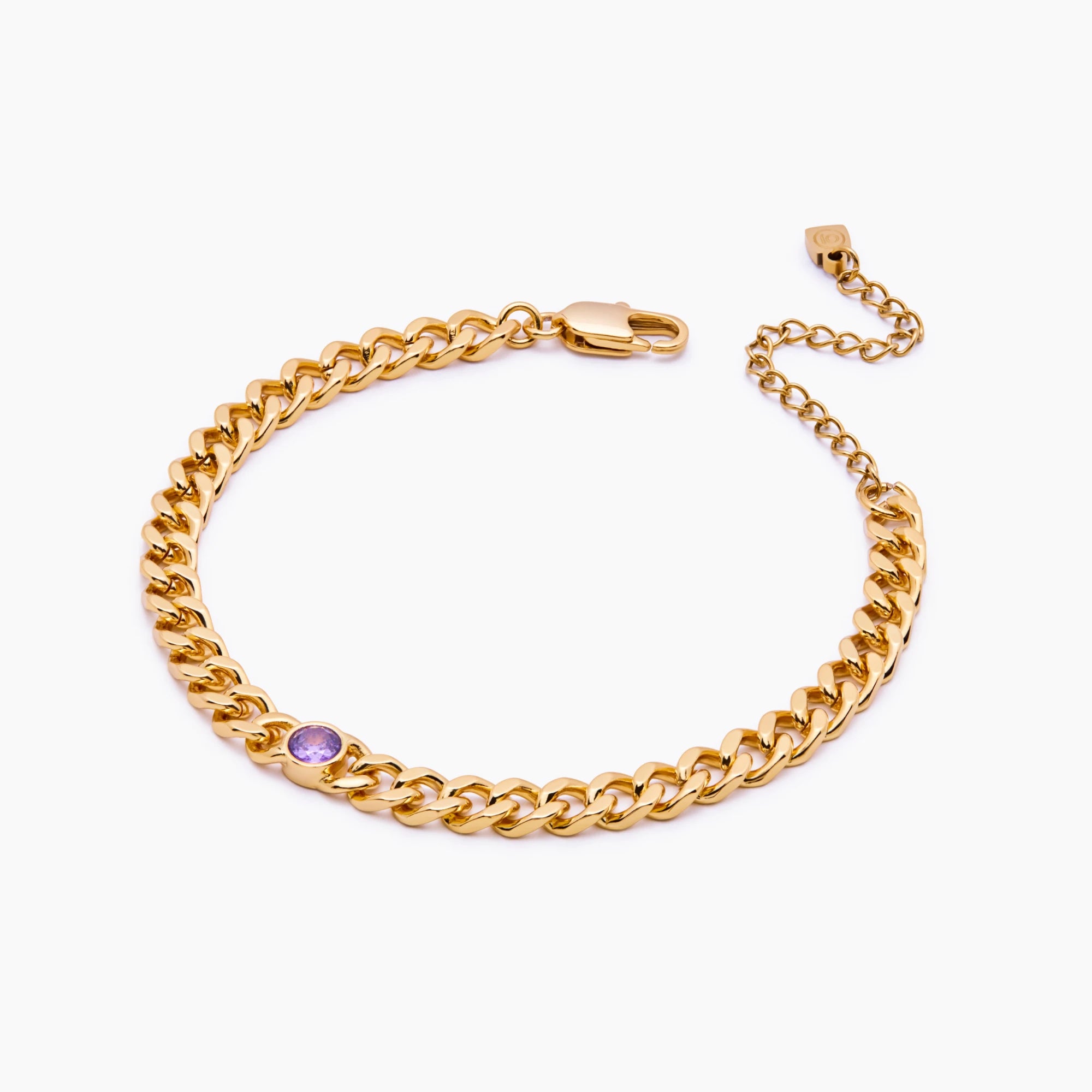 Curb chain birthstone bracelet flat lay — Olivia Jewelry