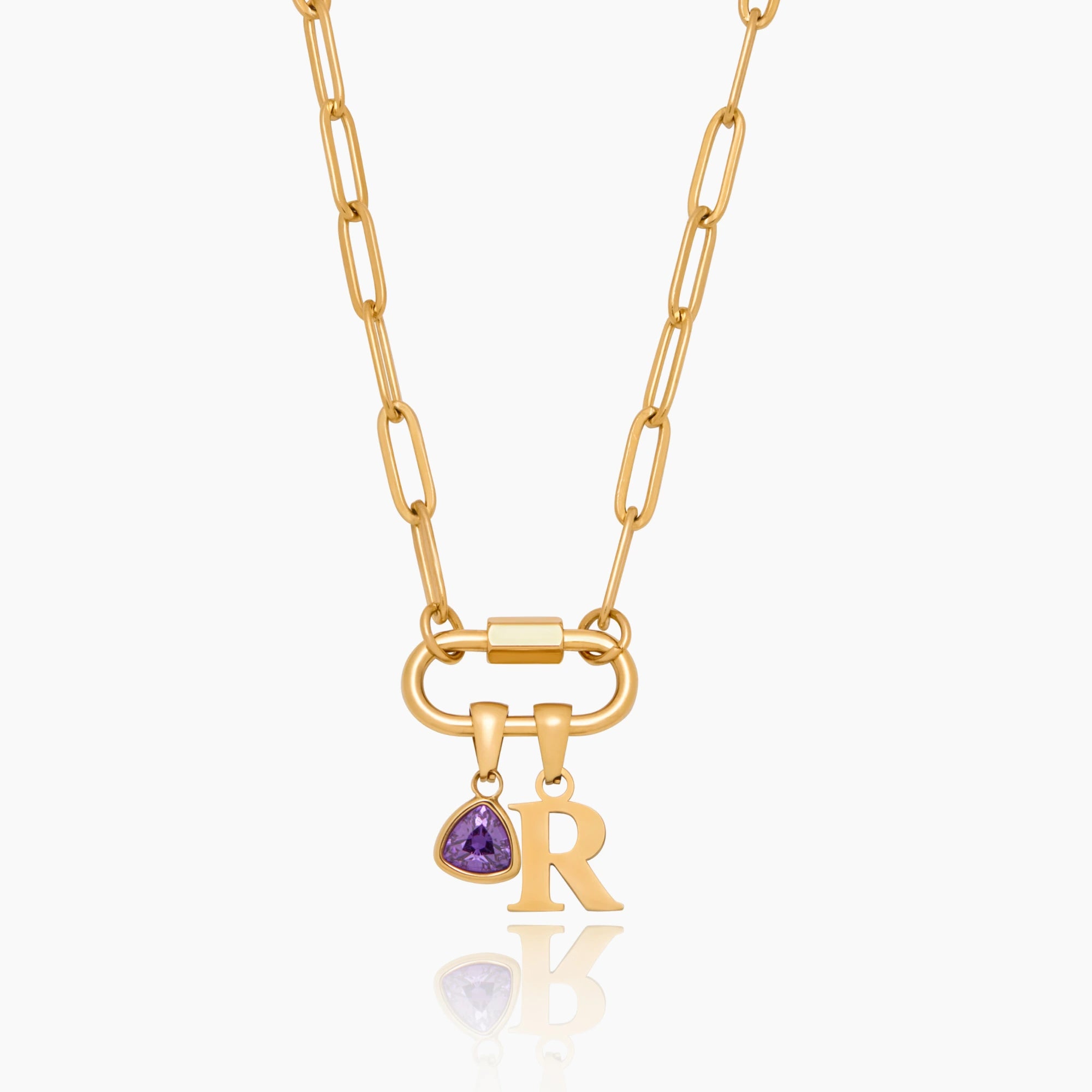 Carabiner Lock with Initial & Birthstone Charms Necklace