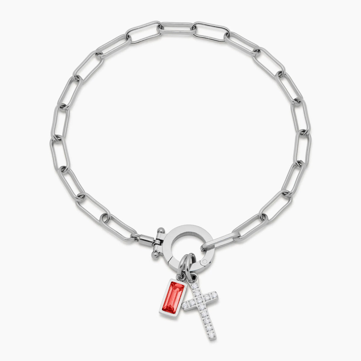 Paperclip Birthstone Cross Charm Bracelet | Olivia Jewelry