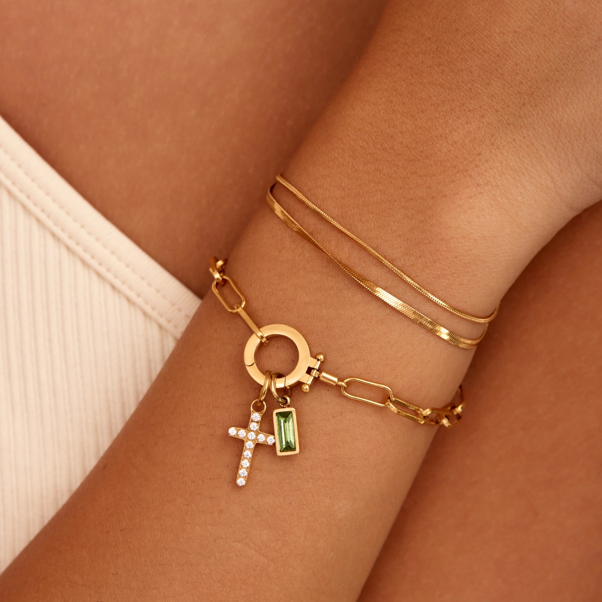 Paperclip Birthstone Cross Charm Bracelet