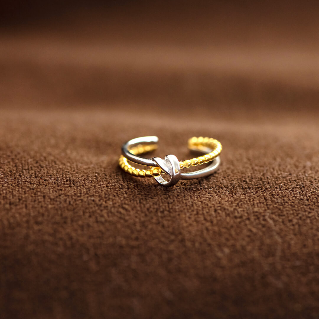 Tied By Angle's Hands - Double Band Heart Knot Ring