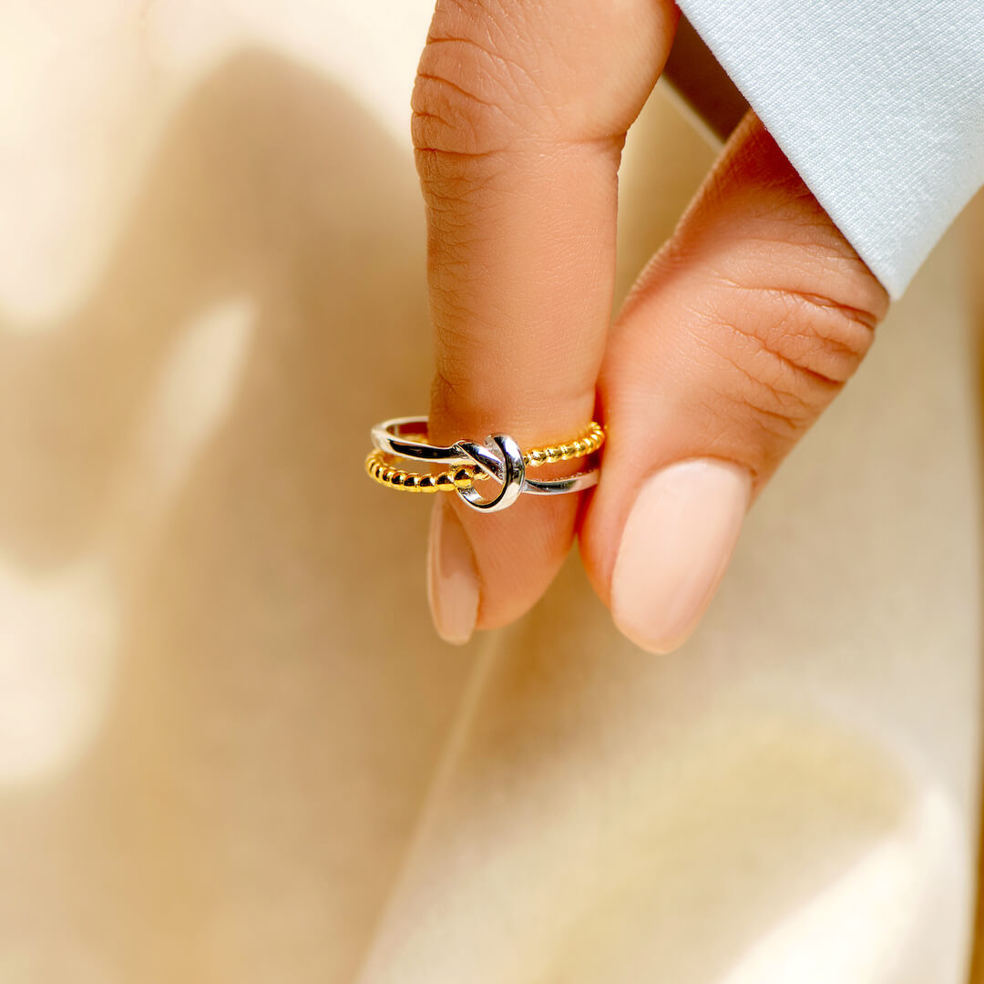 Tied By Angle's Hands - Double Band Heart Knot Ring