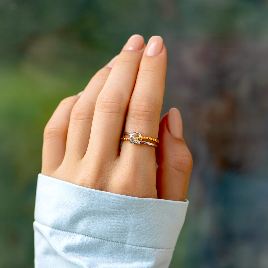 Tied By Angle's Hands - Double Band Heart Knot Ring