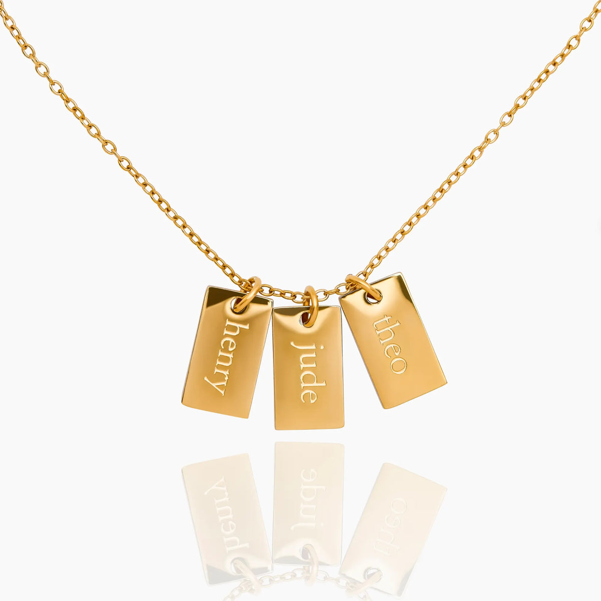 Tag Name Necklace in gold with three engraved name tags