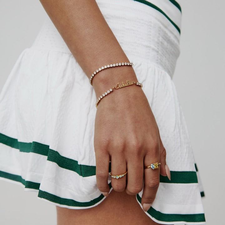 Olivia Jewelry tennis bracelet, name bracelet and birthstone rings
